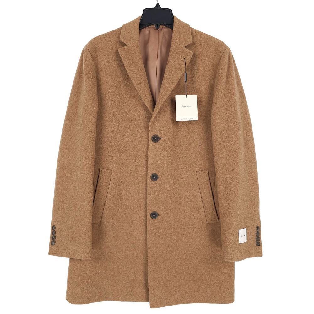 Calvin Klein Mens Prosper Slim Fit Overcoat 40R Beige Camel Solid Wool Blend NWT